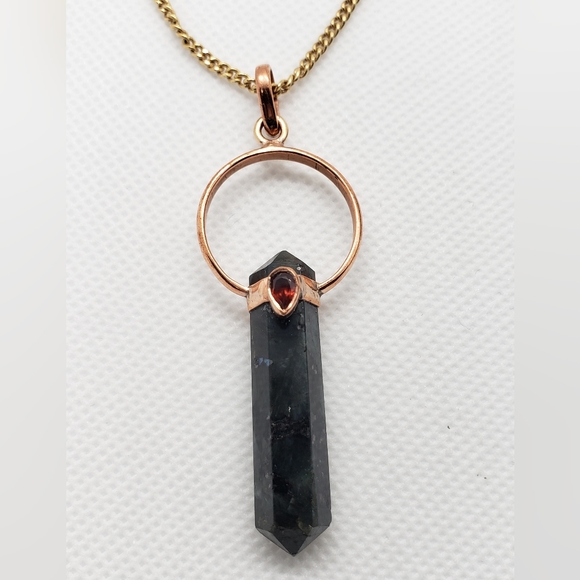 Larvikite w/ Garnet Copper pendant Necklace - Picture 8 of 12